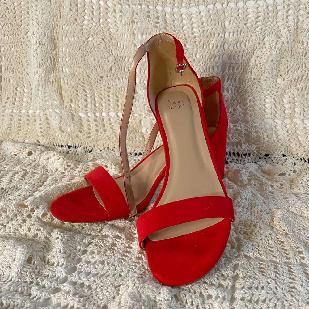 SOLD A New Day “Suede” Red Strappy Chunky Heels